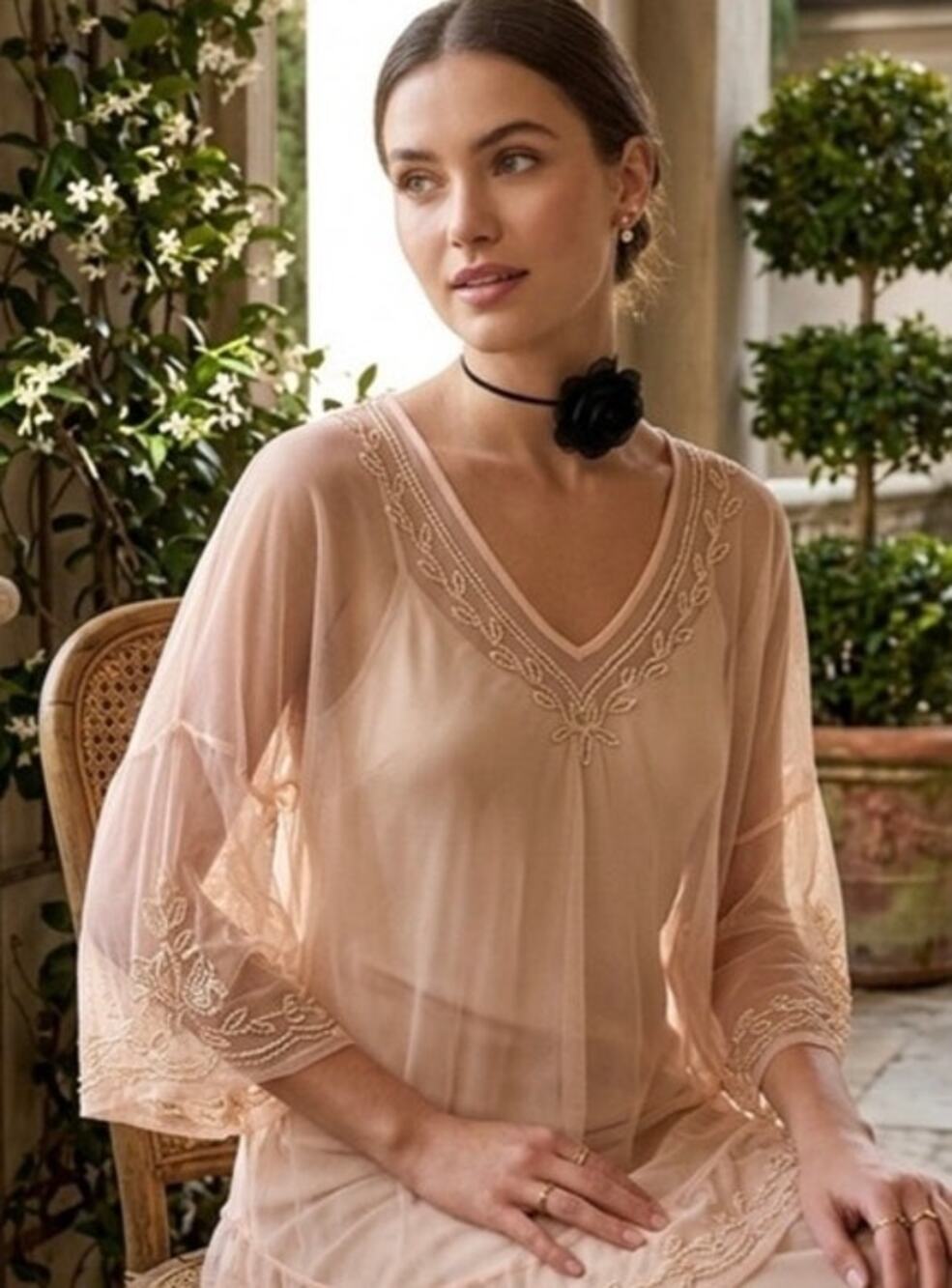 Kaari Blue Sheer Pale Pink/Peach Mesh Beaded Blouse